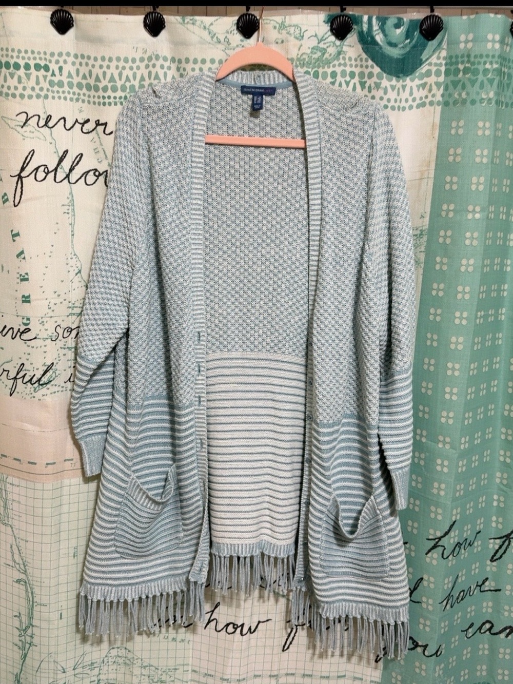 Isaac Mizrahi LIVE! 1X Blue White Knit Fringe Cardigan